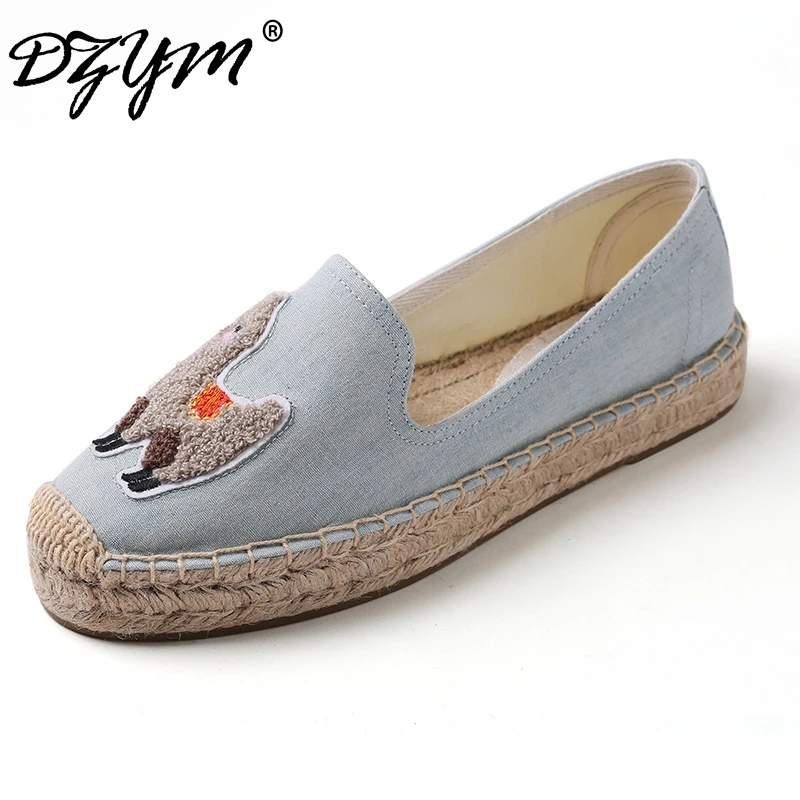 DZYM Summer Cute Kawaii Alpaca Women Flats Embroider Animal Loafers Hemp Flax Platform Fishermen Shoes Canvas Espadrilles