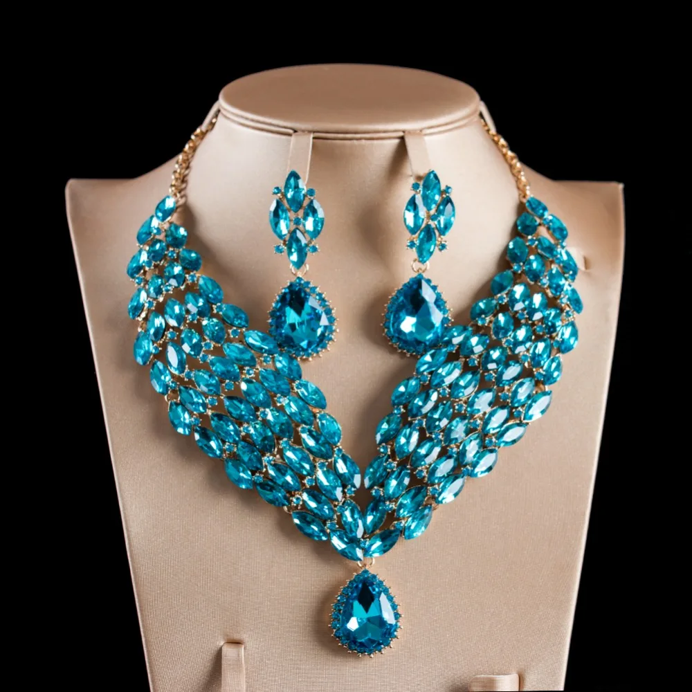 LAN PALACE beautiful light blue africa nigeria  jewelry set gold color glass necklace and earrings for wedding  free shipping