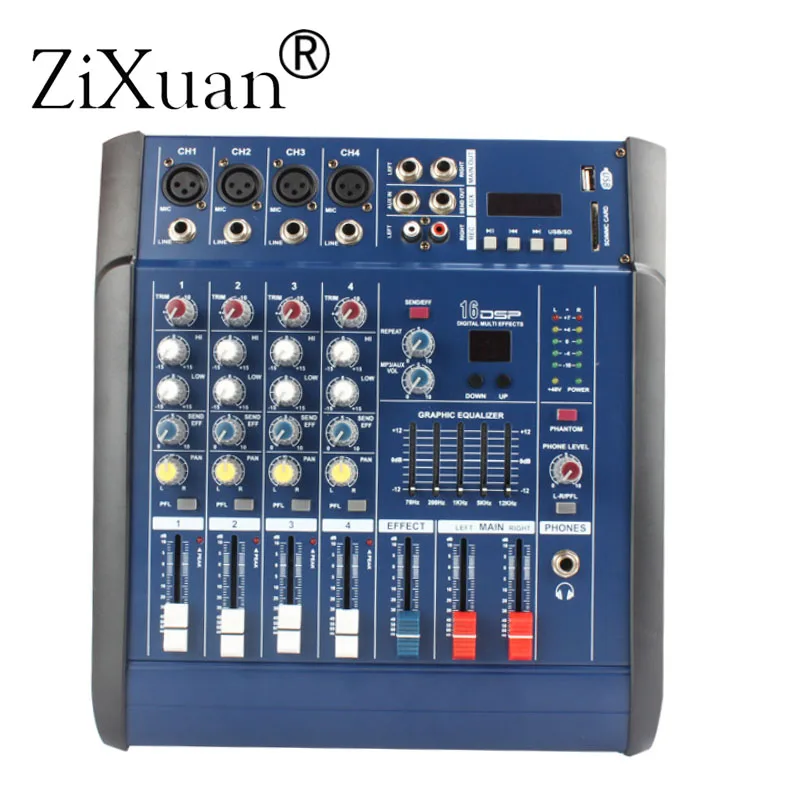 4 Channels Digital Mic Line Audio Mixing Console Power Mixer Amplifier with 48V Phantom Power USB/ SD Slot for DJ Stage