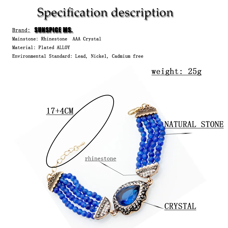 Sunspicems Natural Stone Bead Bracelet Turkish Women Crystal Charm Bracelet Antique Gold Color Indian Bride Wedding Jewelry Gift