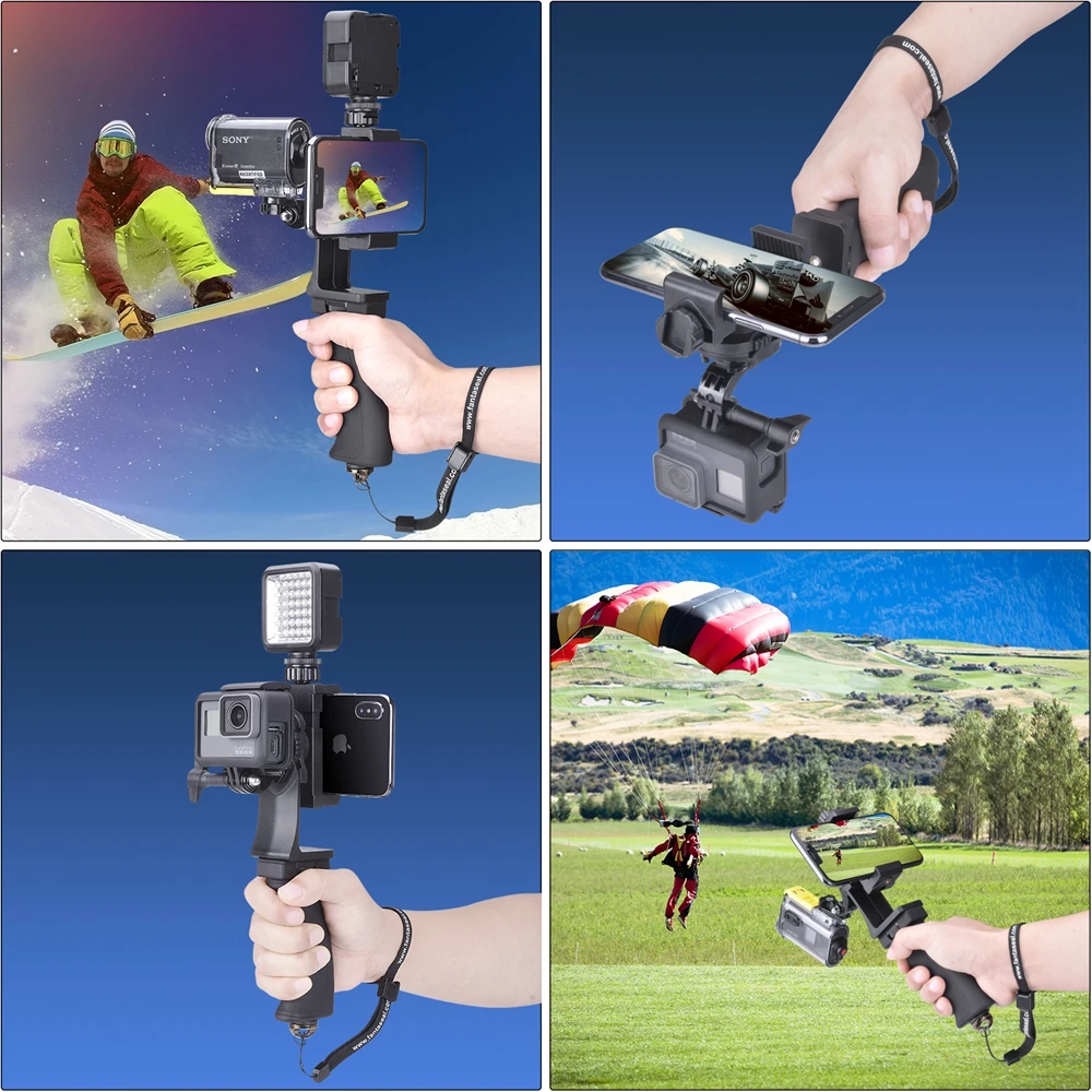 2in1 Action Camera+Smartphone SYN Video Kit Hand Grip Stabilizer Camcorder Handle Mount Vlog Rig Holder for Gopro Sony+iPhone