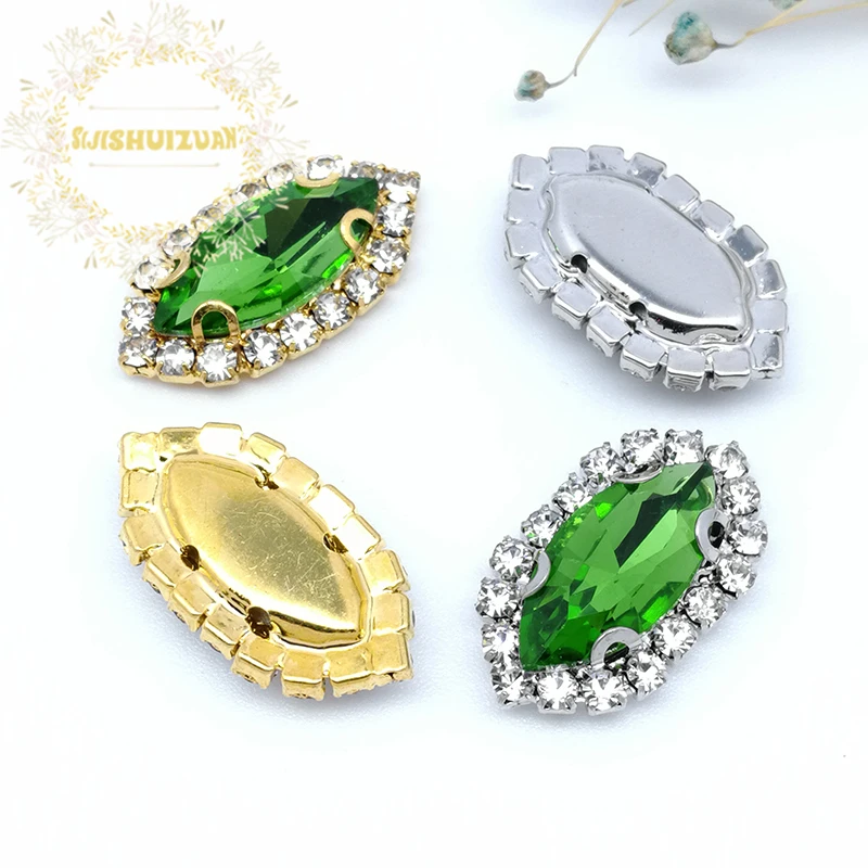 Emerald Horse Eye Shape Glass Crystal Sew On Rhinestones With Silver Bottom Crystal Buckle Diy Wedding Dresss