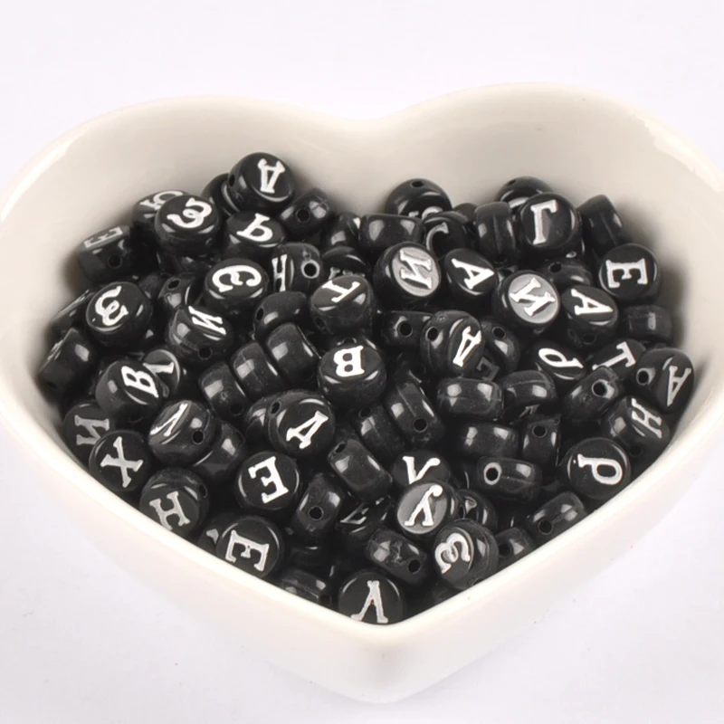 400PCs black Acrylic Russian Alphabet/Letter Flat Round Pony Beads For Jewelry Making 7x4mm YKL0675