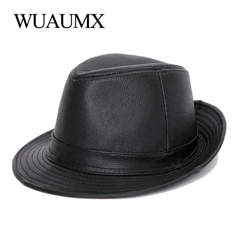 Genuine Leather Cow Leather Fedora Hat For Men Women Cowskin JAZZ Hats Flat Top Gentleman British Style Fedoras Panama