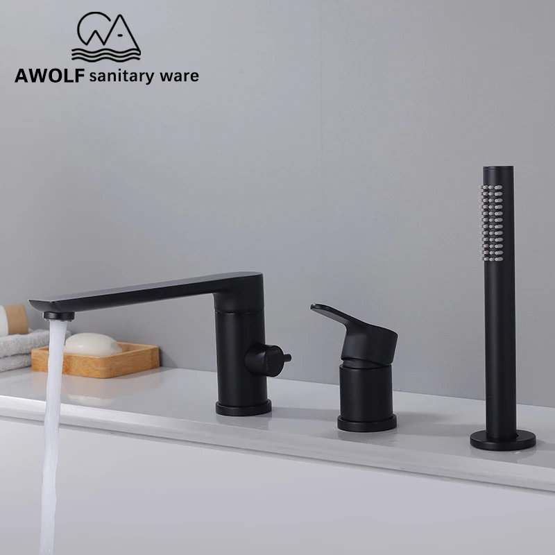 Awolf Black Deck Mounted Bathroom Bathtub Shower Faucet Tap Sink Faucet 3 Pcs Solid Brass Mixer Tap Douche Kit ML8057