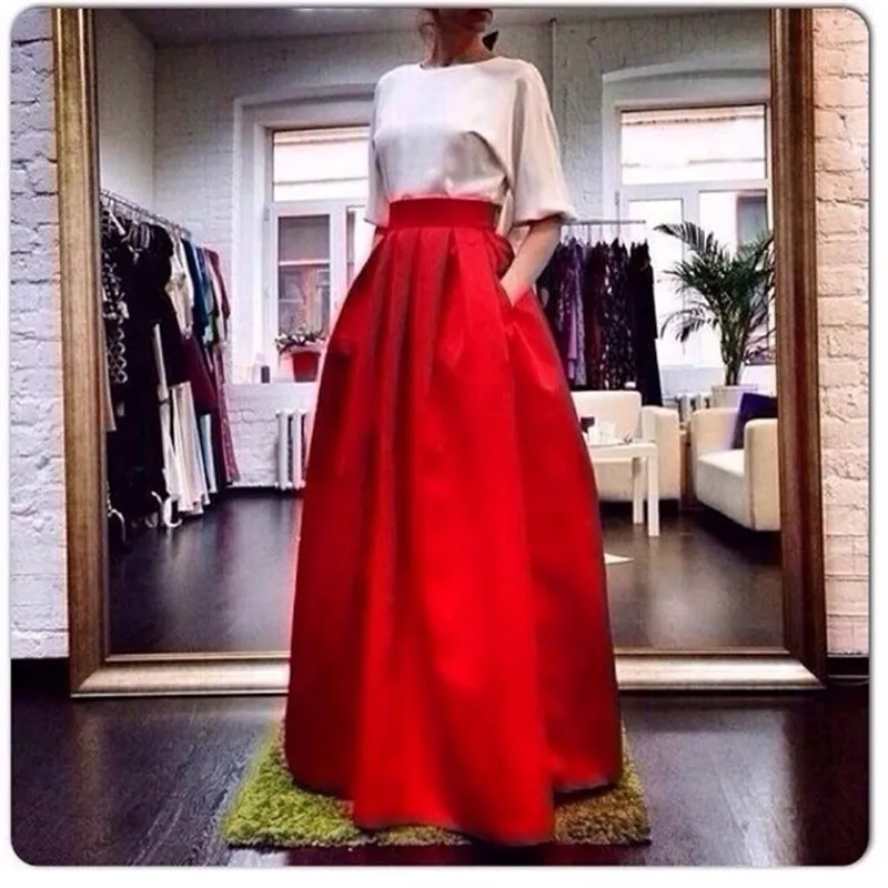 Red Rigid Satin Long Skirts For Women To Party Straight Skirt With Pockets Zipper Custom Made  Female Adult Skirt High Quality