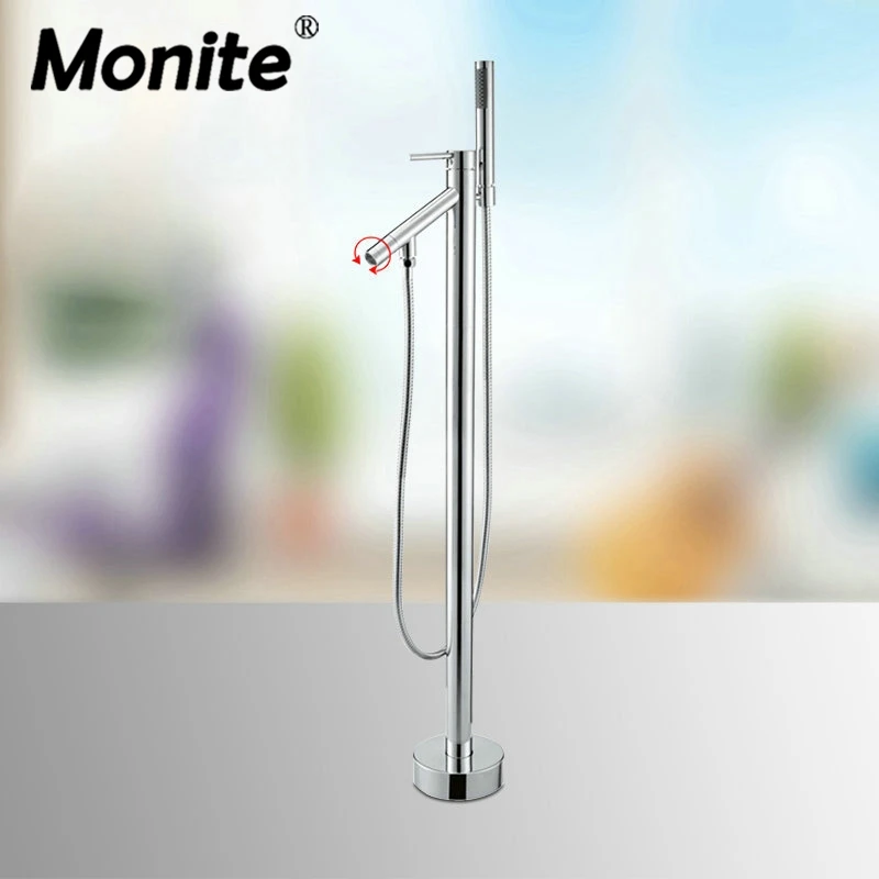 

Chrome Polished Swivel & Rotated Spout 2 Functions Floor Standing Bathtub Shower Set Faucets Chrome Rainfall hand Shower