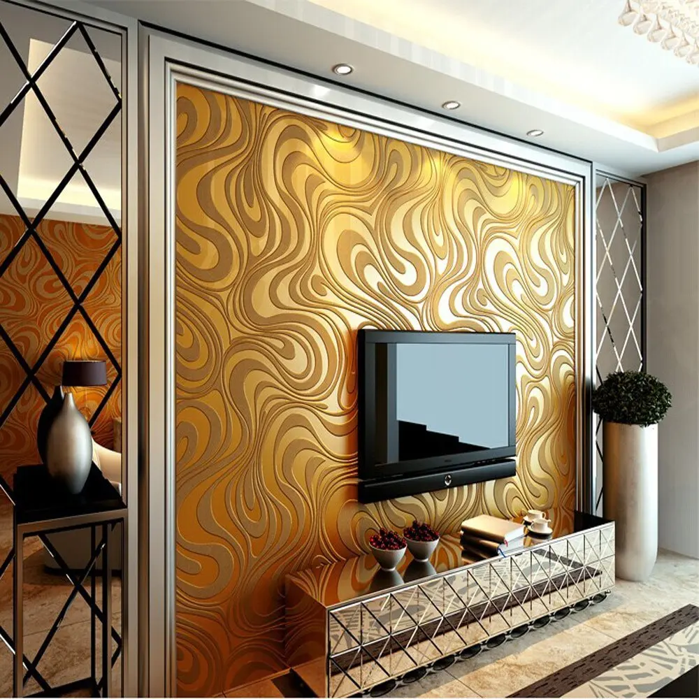 

Q QIHANG 3D Abstract Curve Modern Luxury Flocking Striped Wallpaper Gold 0.7m*8.4m=5.88m2