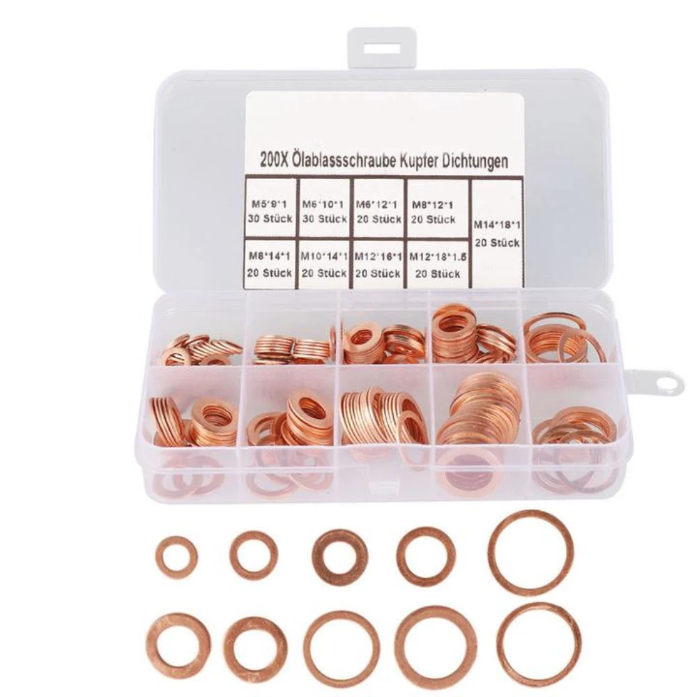 200Pcs Metal Copper Gasket Sealing Assortment Set With Plastic Box Industrial Hardware M5-M14