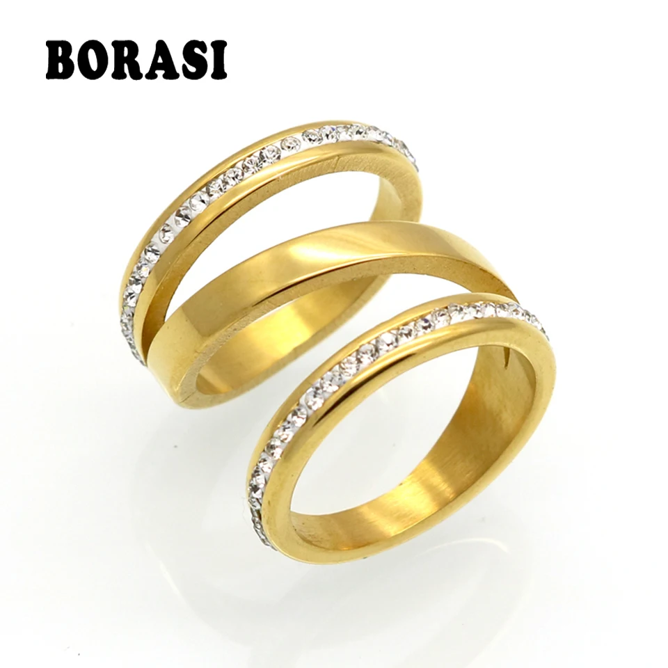 BORASI Gold Color Engagement Rings For Women Stainless Steel Wedding Jewelry Crystal Ring Stainless Steel Jewelry