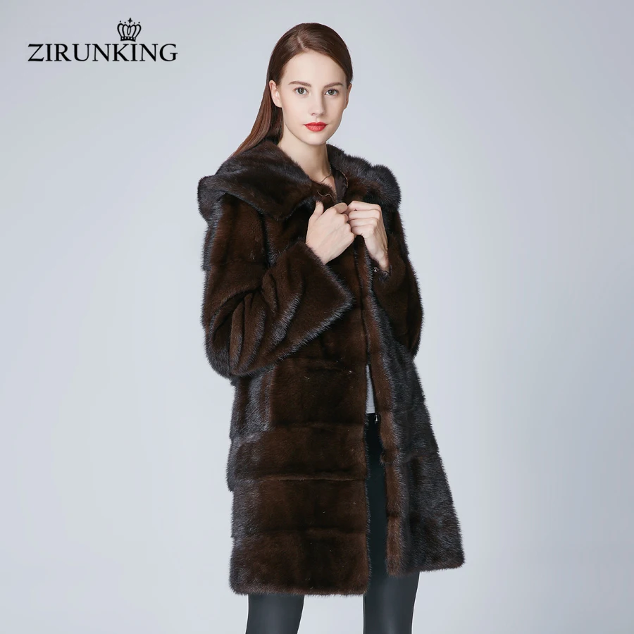 

ZIRUNKING Hooded Women Real Mink Fur Coats Female Warm Winter Natural Entire Mink Long Parkas Fashion Detachable Outwear ZC1866