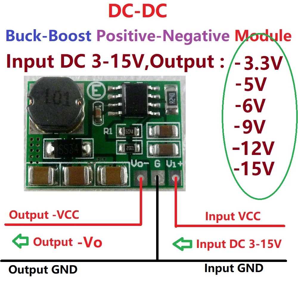 200-500mA +/- Voltage Converter Positive to Negative power supply DC-DC Boost-Buck Module +3~+15V to -3.3v -5V -6V -9V -12V-15V