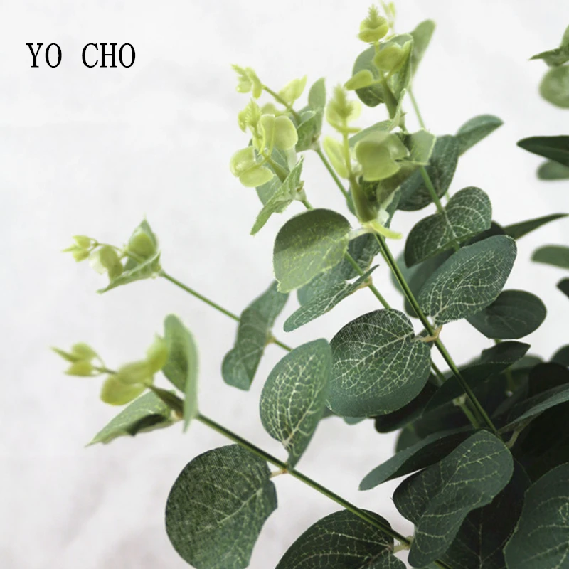 YO CHO  Green Artificial Plants Large Eucalyptus Leaves for Home Decor Wedding Wall Material Decorative Fake Plants 4 Forks 37cm