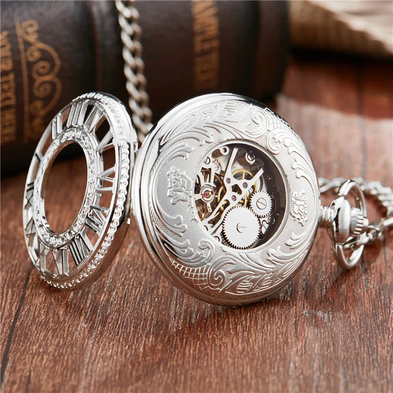 Vintage Roman Dial Mehanical Pocket Watch FOB Chain Smooth Golden Hollow Skeleton Hand Wind Mechanical Mens Womens Watch