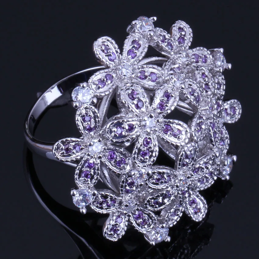 Brilliant Huge Flower Purple Cubic Zirconia White CZ Silver Plated Ring V0523