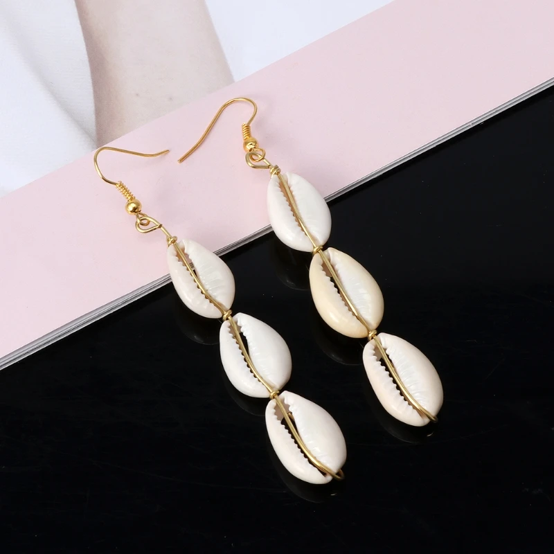 Bohemian Natural Cowrie Shell Pendant Drop Earrings Beach Jewelry for Women