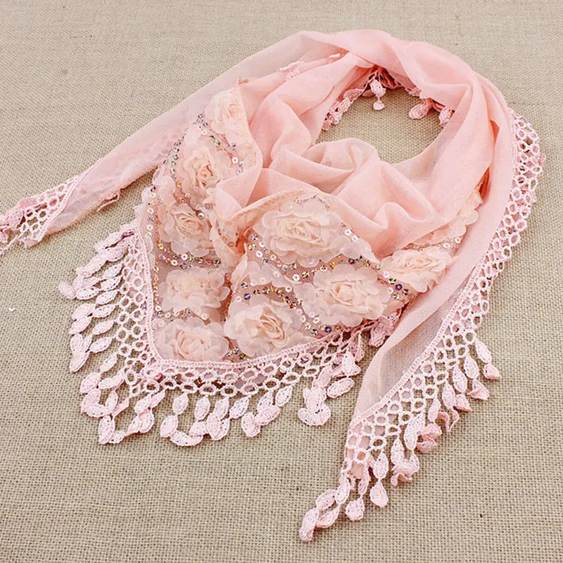 Women Tassel Shawls And Scarves Autumn Women Female Silk Flower Lace Triangle Pendant Scarf Fashion Women Scarf