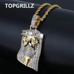 TOPGRILLZ Hip Hop New Fashion Gold Color Plated Iced Out Big CZ Stone Masked Jesus Face Pendant Necklace Crystal With Three Type