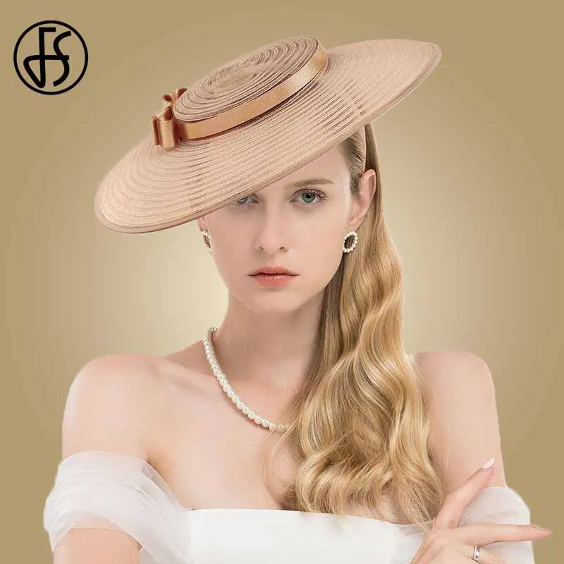 FS Big Black Church Hats Wide Brim Hats Fascinators For Women Elegant White Kentucky Lady Bow Wedding Party Dress Fedoras