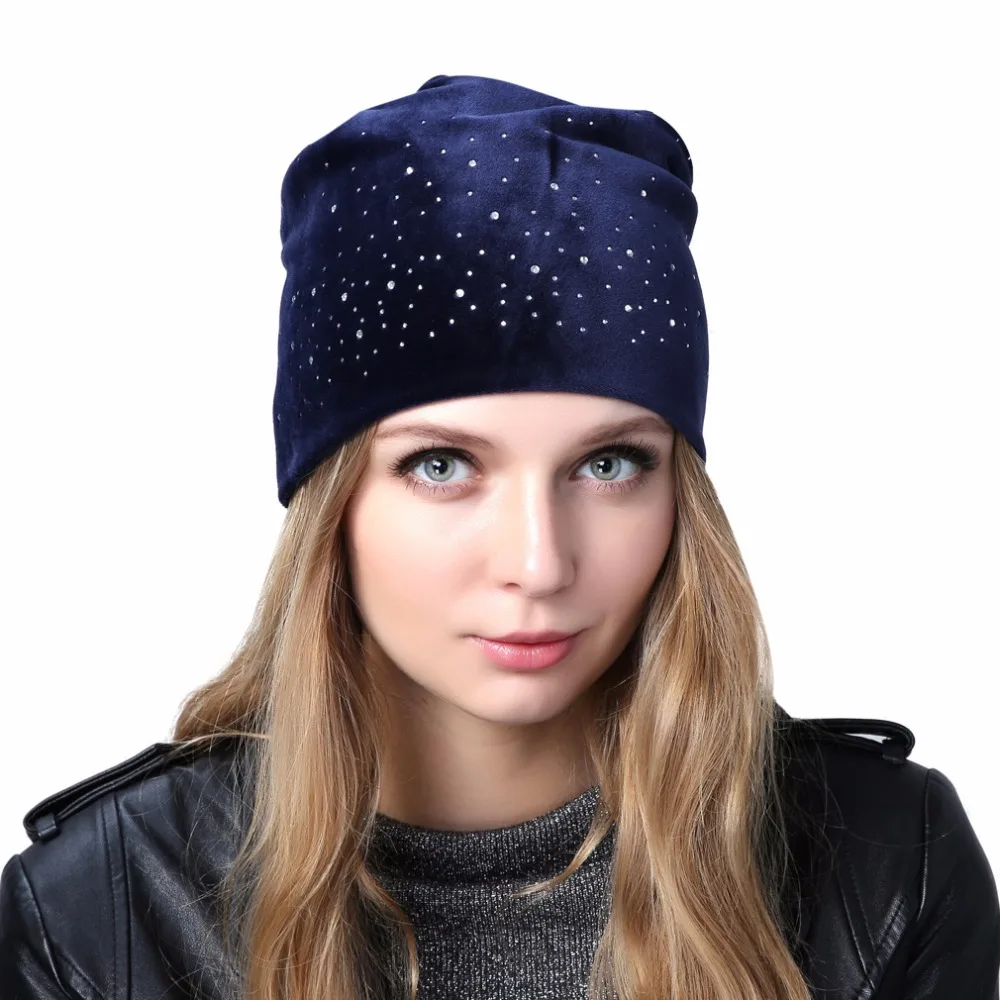 Geebro Women\'s Velour Rhinestones Beanies Hat Spring Polyester Slouchy Beanie for Women Plain Color Skullies Bonnet Cap