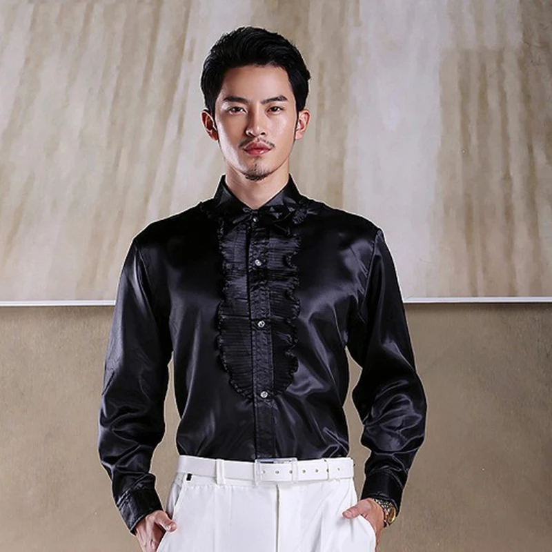 Pink Chest Ruffle Vintage Satin Shirt Men 2019 New Slim Fit Long Sleeve Chemise Homme Party Wedding Stage Clothing Camisa Hombre