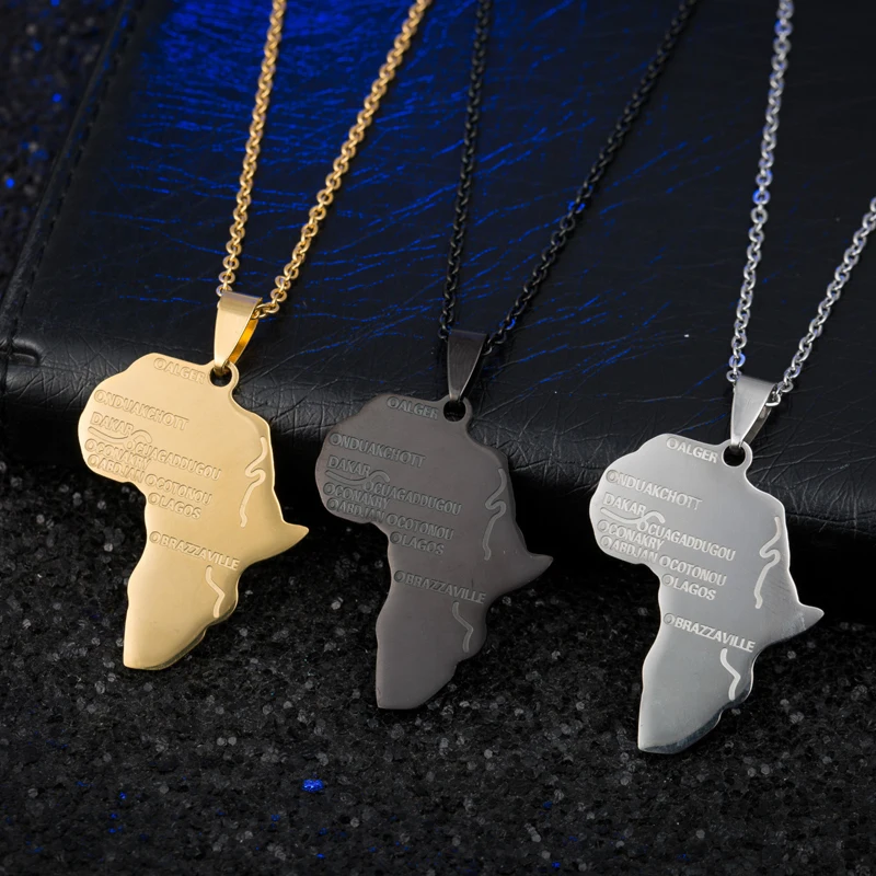 

(10pcs)2018 Fashion Punk Africa Necklace Gift Gold Color Pendant & Chain African Map Men/Women Trendy Stainless Steel Jewelry