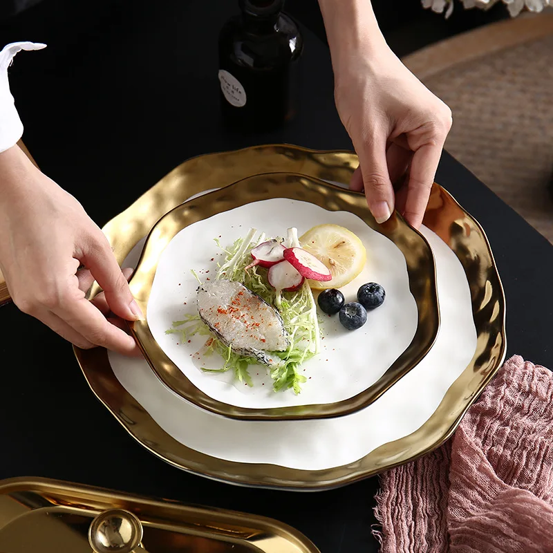 8/10 Inch Minimalist Dinner Plate Black White Ceramic Serving Plate with Gold-edge Pasta Steak Dishes Party Big Round Plate