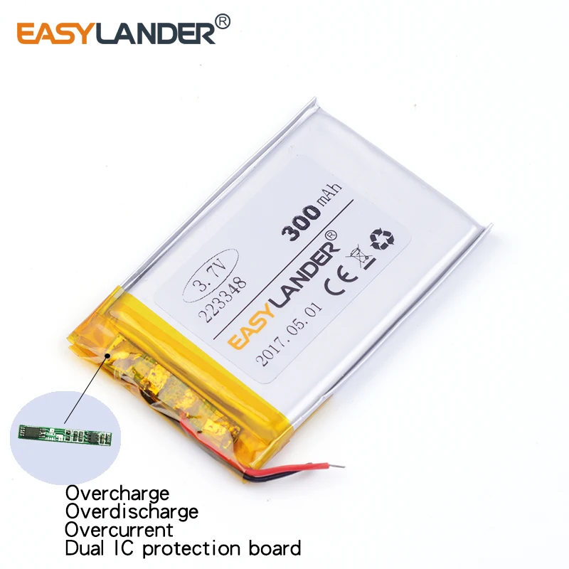 Bateria recarregável do polímero do Li-íon do lítio, 223348, 300mAh, 3.7V