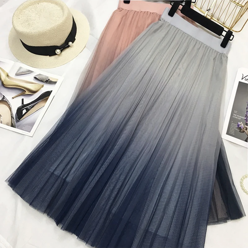 แฟชั่นยาว Tulle กระโปรงผู้หญิง 2019 ฤดูใบไม้ผลิฤดูร้อนเกาหลีสูงเอว A - Line จีบโรงเรียนกระโปรง Midi กระโปรง