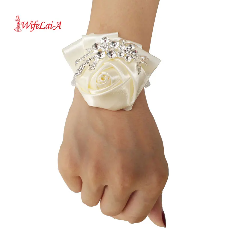 In Stock Ivory silk hand flowers Brooch Wedding Wrist Band Flowers Diamond Bling Wrist Corages Decor Bridal Prom SW001