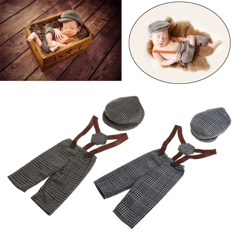 0-1M New Born Baby Clothes Girl Boy Hat Plaid Costume Little Gentleman  Newborn Photography Props Photo Studio Accessories Pants