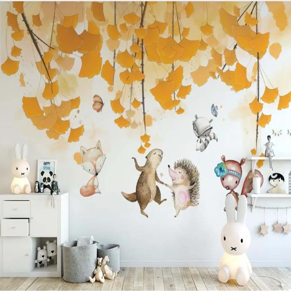 

3D Ginkgo Leaves Carton Animal Kids Bedroom Wallpaper Mural Art Decal HD Photo Paper Rolls Murals Contact