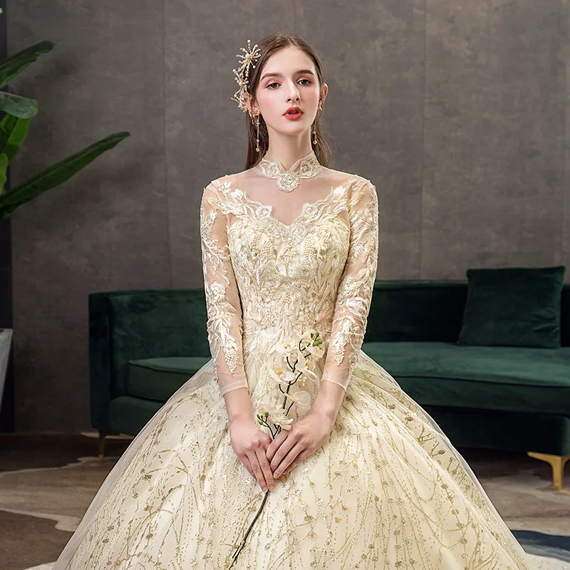 Nuovo oro di lusso lungo treno collo alto manica intera abito da sposa in pizzo Applique brillante Plus Size abito da sposa Robe De Mariee L