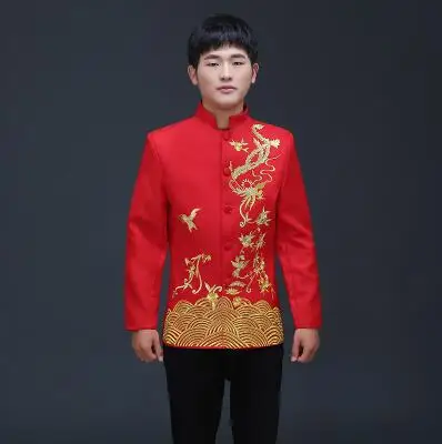 Men's clothing pratensis chinese style wedding Top  the groom dragon gown evening Red Top slim red tang suit chinese tunic