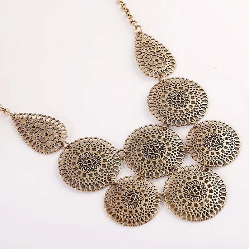 LZHLQ Women Alloy Hollow Round Necklace Statement Vintage Jewelry Coin Necklace Women Dress Accessories Necklaces Pendants