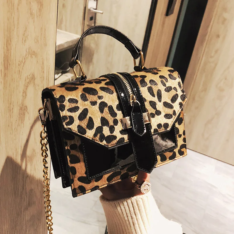 Bolsa de ombro de pele sintética com correntes, bolsa luxuosa com estampa de leopardo, designer de marca, bolsa crossbody para mulheres, bolsa