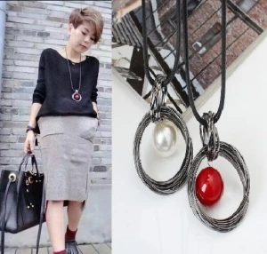 Red White Pearl Ball Pendant Long Necklaces New Circles Simulated Women Black Chain Maxi Necklace Fashion Jewelry Wholesale Gift