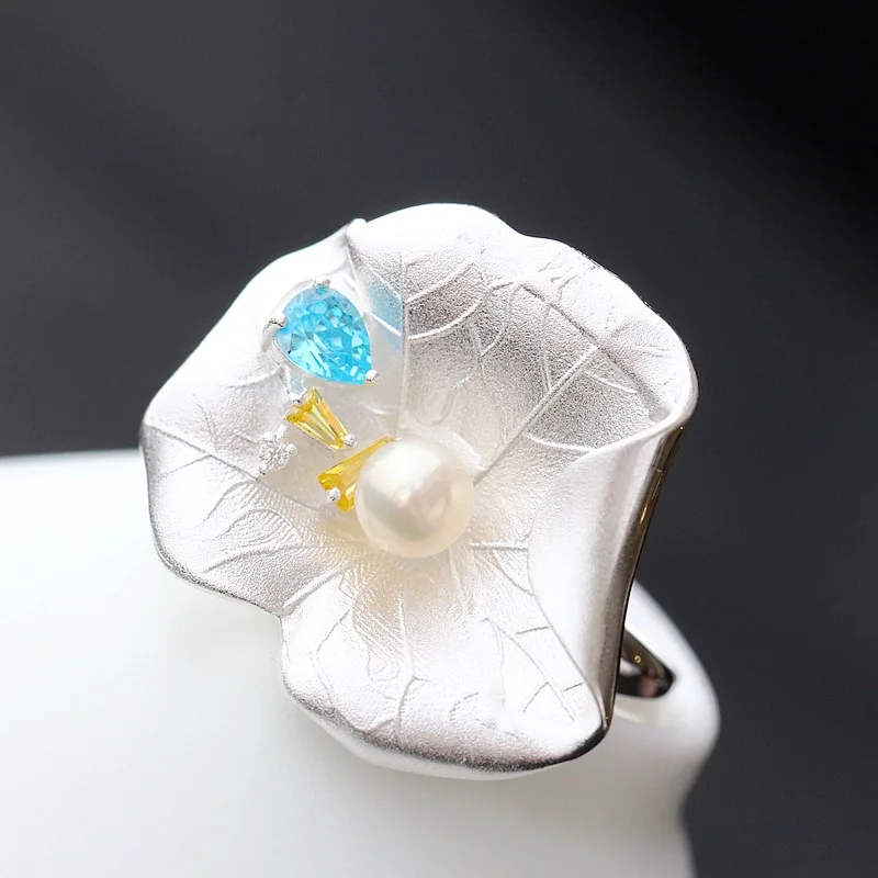 

100%925 Sterling Silver Ring pearl retro lotus silver ring