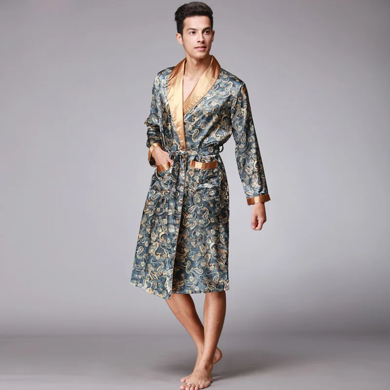 SSH0126 Men's Robe Satin Silk Sleepwear Male Summer Bathrobes Long Sleeves Pijama Sleeping Robe High Quality Pajama Sleepwar Men