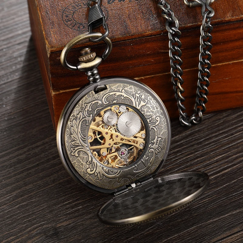 Jam Tangan Saku Mekanis Rusa Perunggu Antik Jam Tangan Rantai Rantai Rantai Rantai Rantai Unisex Berongga Steampunk Pria Hadiah Jam Tangan Hitam