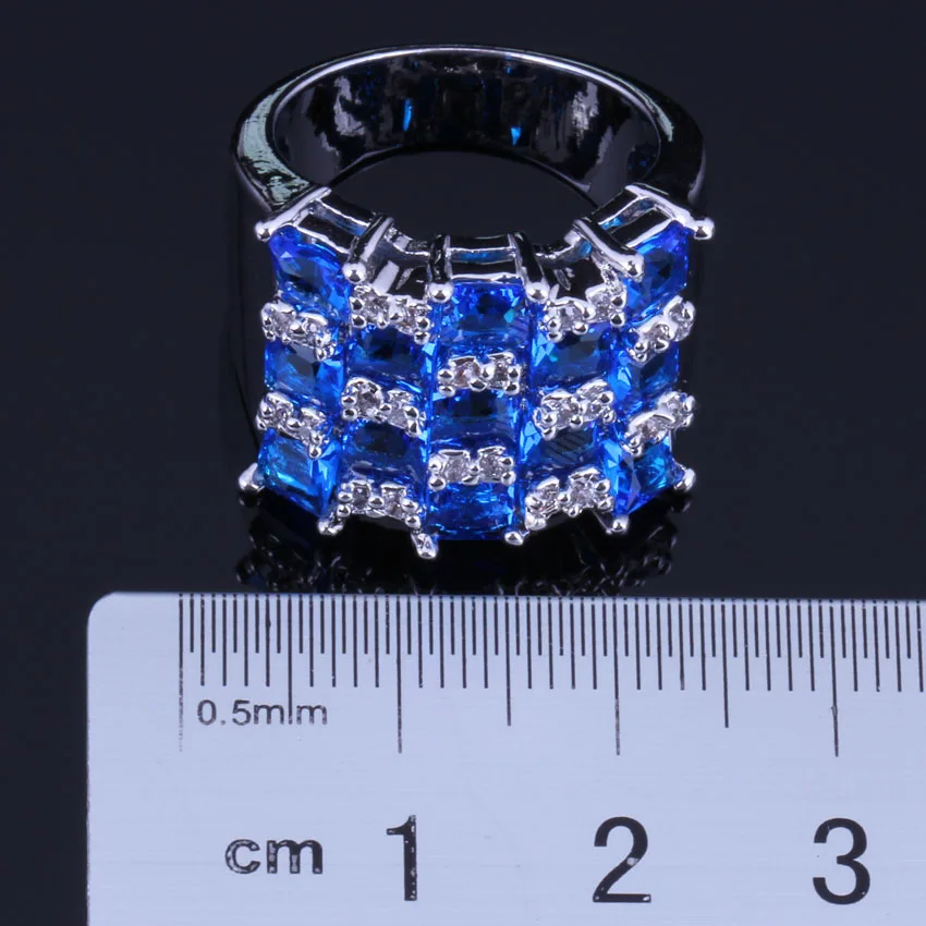 Superb Square Blue Cubic Zirconia White CZ Silver Plated Ring V0579