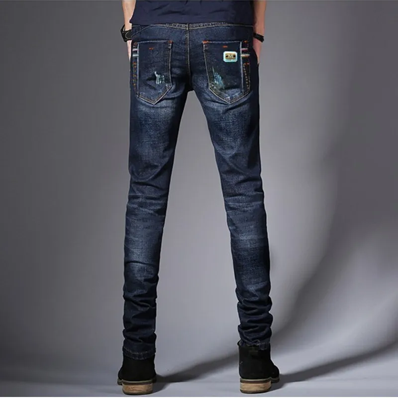 [EL BARCO] Cotton Denim Jeans Men Slim Soft Breathable Solid Blue Male Casual Long Pants Straight Pockets Trousers Size 28-34