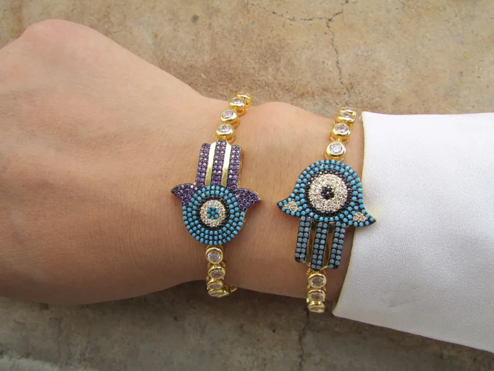 2022 Top Quality Blue purple turkish fashion fatima tennis AAA cubic zirconia bling women girl hamsa hand bracelet hansa jewelry