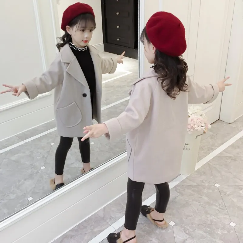 Hot Sale Girls Fall Winter Woolen Jacket Korean Trench Coat Children's Long Thickened Wool Outerwear Female Kids Overcoat X304