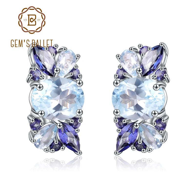 GEM'S BALLET Natural Sky Blue Topaz Mystic Quartz Stud Earrings 925 Sterling Silver Flower Earrings For Women Gift Fine Jewelry