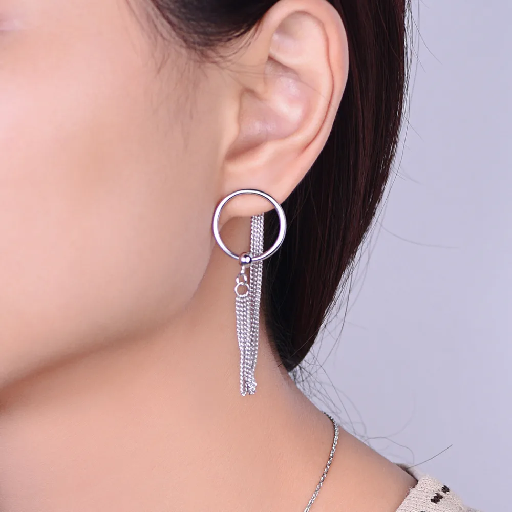 Kpop Sterling Silver Hoop Chain Earrings Bogo Gypsy Statement Jewelry Front Back Chain Threader Drop Earrings for Women E6095