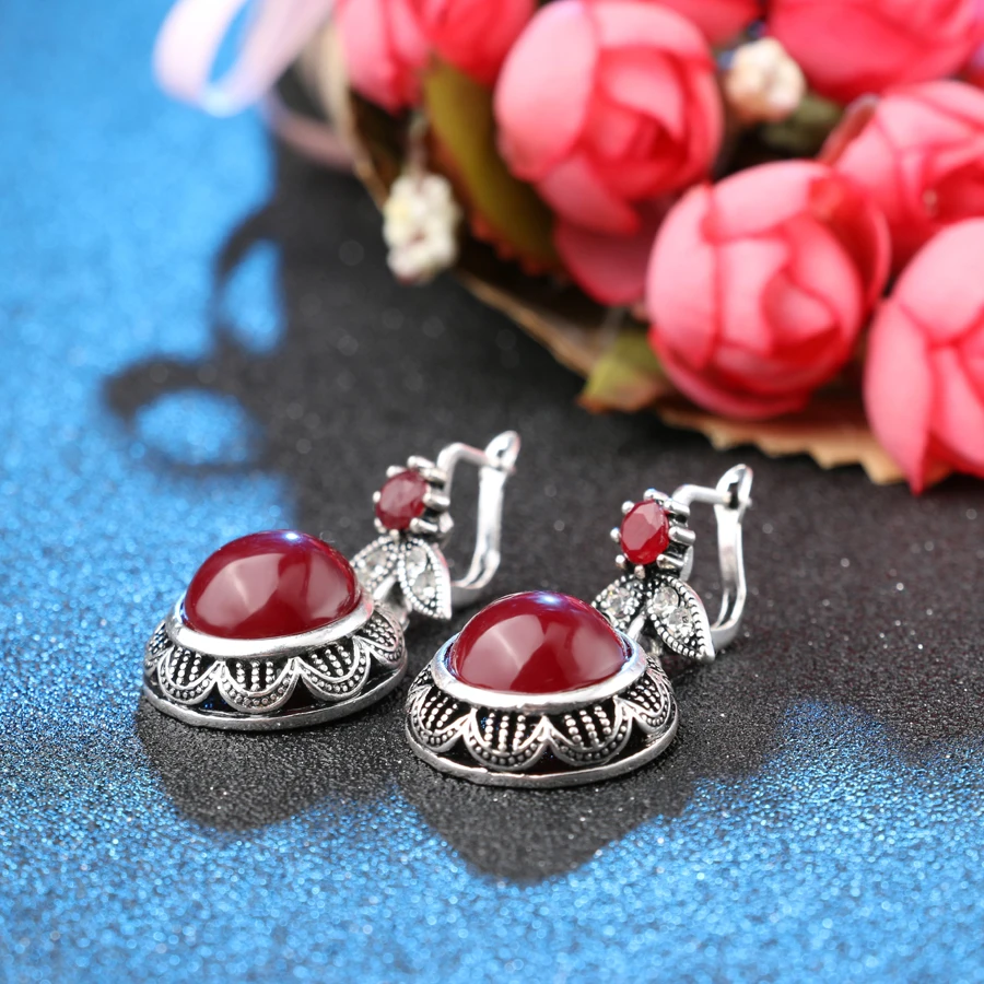 Wbmqda Hot 2018 Fashion Bohemia Red Resin Earring For Women Silver Color Vintage Jewelry Engagement Earrings Drop Shipping