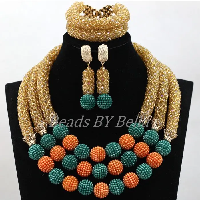 

Latest Gold Champagne African Beads Jewelry Set Teal/Orange Balls Jewelry Designs Wedding Beads Gift Free Shipping ABL280