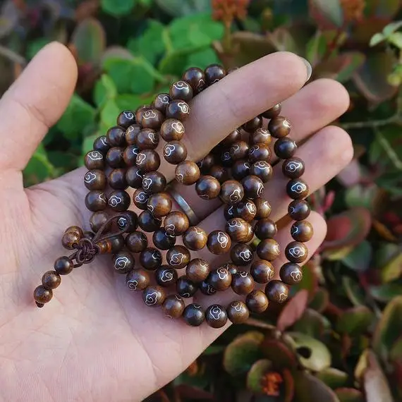 8mm Natural Rosewood Beads Inlay Silver , AAA Beads Beads 108 Buddhism Beads , Meditation Prayer Loose Beads Japa Mala Buddha