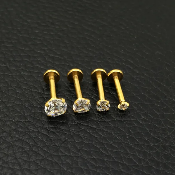 60pcs Gold Color Steel Rose Labret Lip Ring Zircon Anodized Internally Threaded CZ Gem Monroe 16G Tragus Helix Ear Piercing